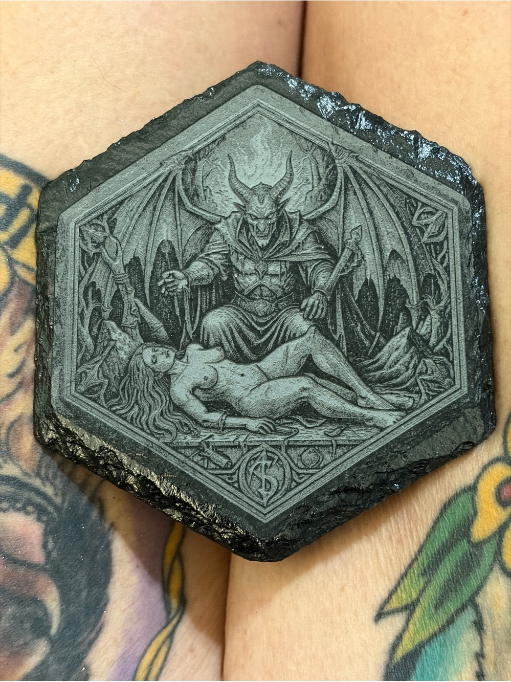 Hexagonal Black Engraved Gothic Slate Wall Art - Demon & Reclining Figure